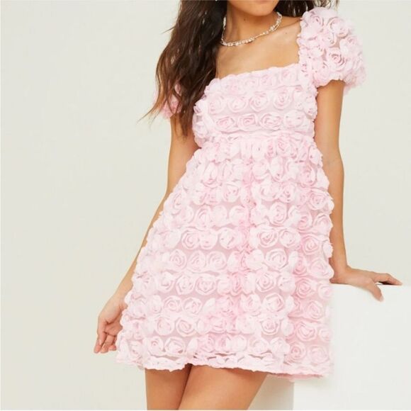 NWT Altar’d State Baby Pink flower appliqué / textured babydoll Dress, M - Picture 1 of 14